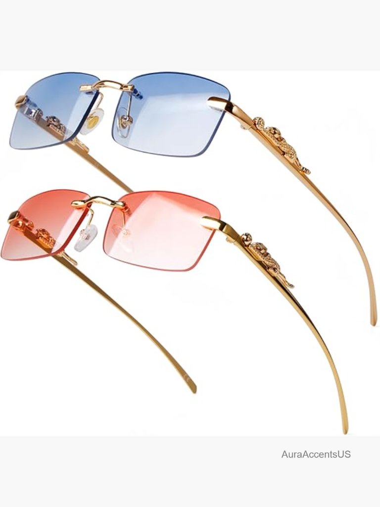 Vintage Rimless Rectangle Sunglasses Gold Metal Frameless Square Transparent